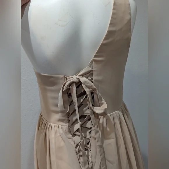 Tan/Gold formal dress with laced back, one shoulder gown Size Large - Picture 4 of 5